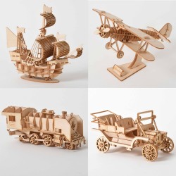 Sailing ship - biplane - steam locomotive - car - 3D wooden puzzle - assembly kit - laser cuttingConstruction