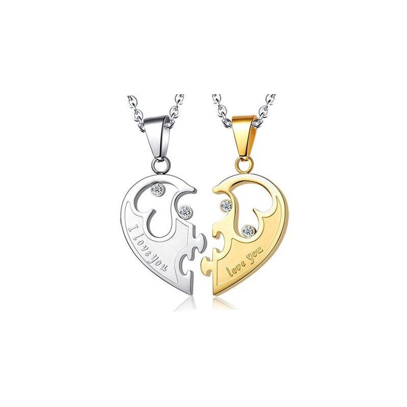 Heart-shaped pendant - I love you - stainless steel necklaces for him and her - 2 piecesNecklaces