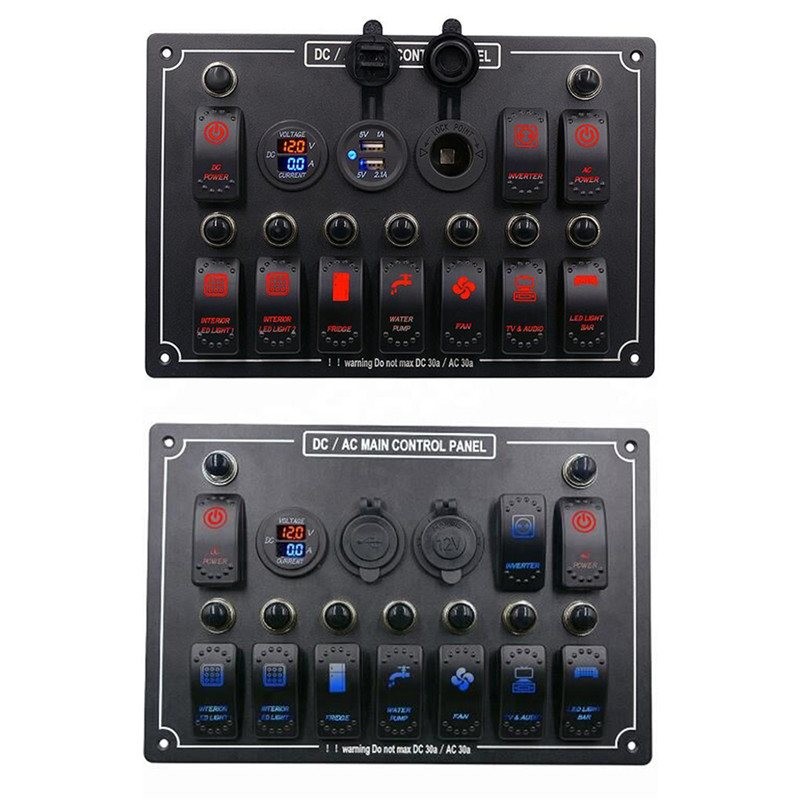 Rocker switch panel - 12V - 10-gang - LED - cigarette lighter - waterproof for car - boat - truckElectronics & Tools