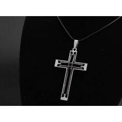 Double hollow-out stainless steel Cross - leather necklaceNecklaces