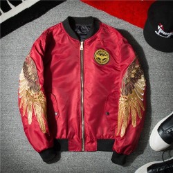 Black bomber jacket with embroidered golden wingsJackets