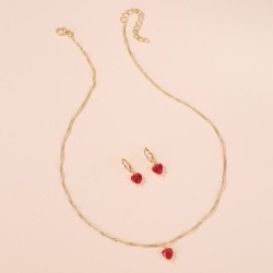 Golden necklace & earrings set with red heartNecklaces