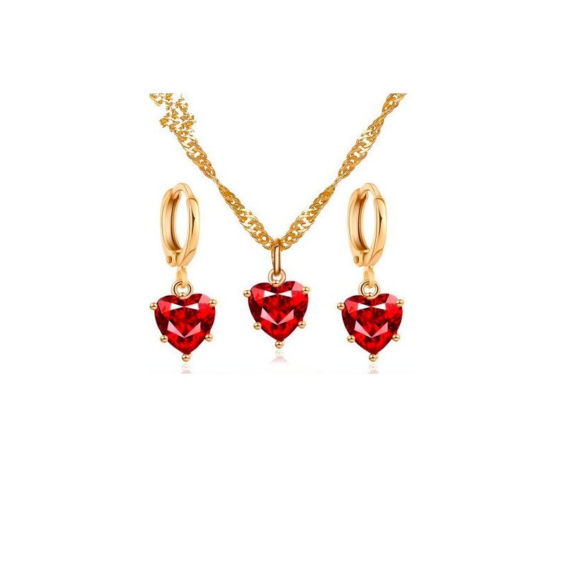 Golden necklace & earrings set with red heartNecklaces