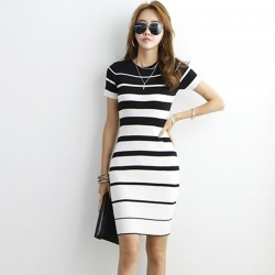 Striped Knitted Dresses - Office - Elegant - Red - BlackDresses