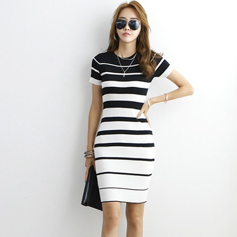 Striped Knitted Dresses - Office - Elegant - Red - BlackDresses
