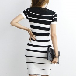 Striped Knitted Dresses - Office - Elegant - Red - BlackDresses