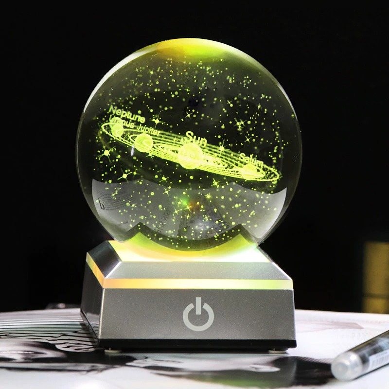 3D globe with 8 planets - crystal ball with base - laser engraved - LED night light - 8cmDecoration