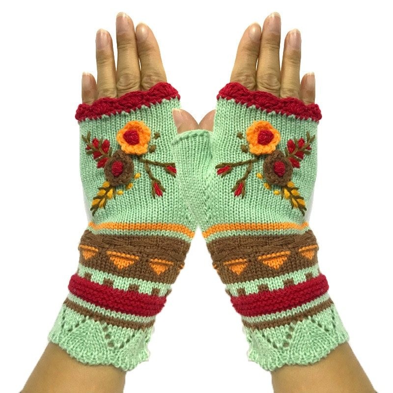Knitted winter gloves - half-finger design - with a flowery embroideryGloves