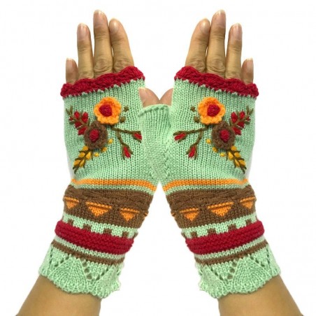 Knitted winter gloves - half-finger design - with a flowery embroideryGloves