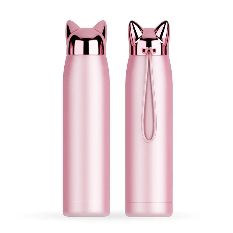 Double wall vacuum thermos - water bottle - thermal mug with fox ears - stainless steel - 320mlThermos bottles
