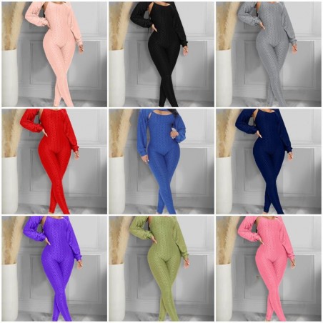 Elegant textured ribbed jumpsuit - long sleeve top - cut-out back - setJumpsuits