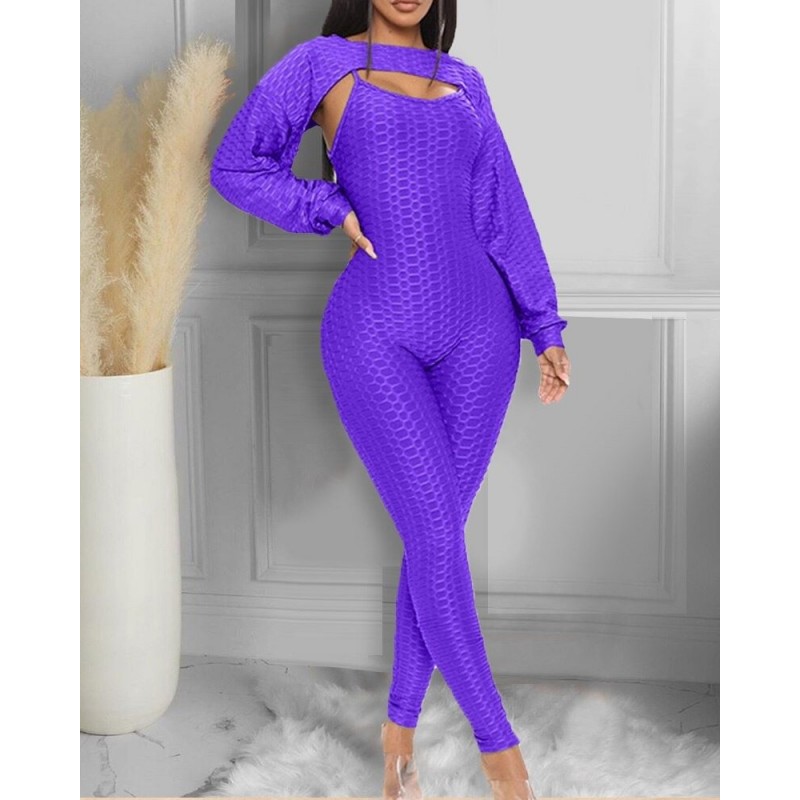 Elegant textured ribbed jumpsuit - long sleeve top - cut-out back - setJumpsuits