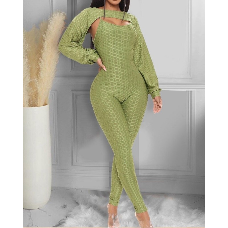 Elegant textured ribbed jumpsuit - long sleeve top - cut-out back - setJumpsuits