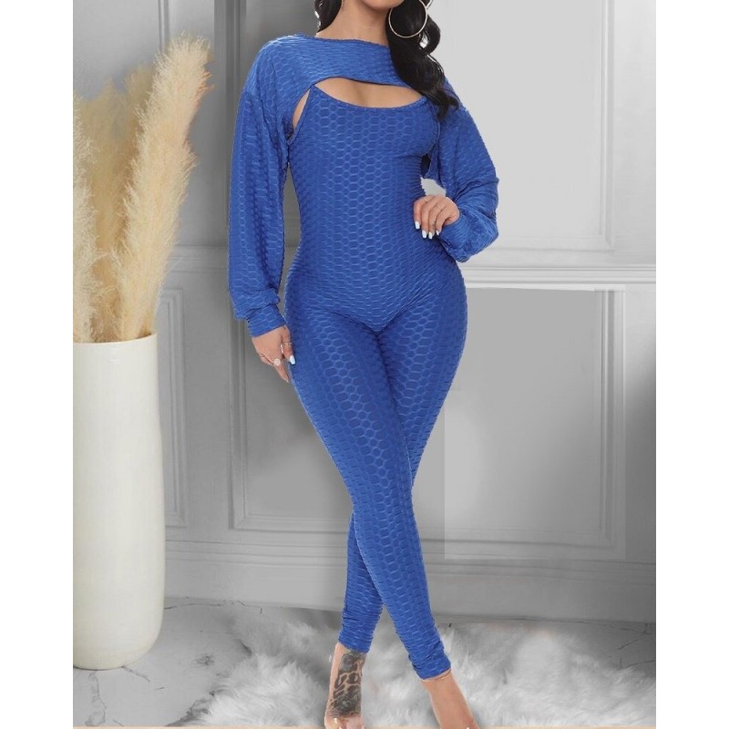Elegant textured ribbed jumpsuit - long sleeve top - cut-out back - setJumpsuits