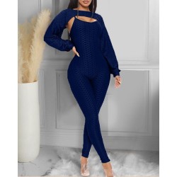 Elegant textured ribbed jumpsuit - long sleeve top - cut-out back - setJumpsuits
