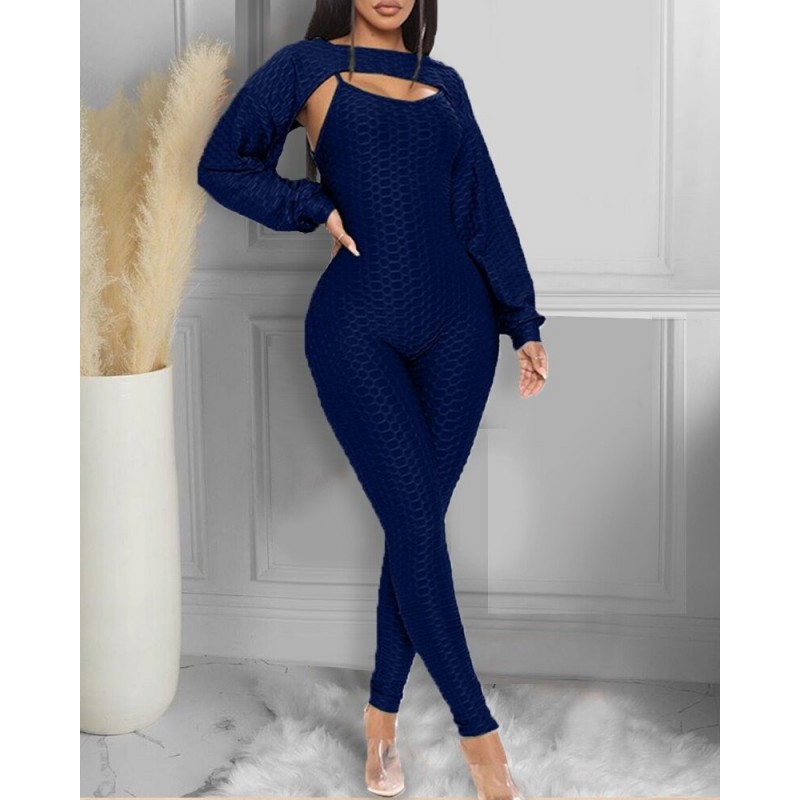 Elegant textured ribbed jumpsuit - long sleeve top - cut-out back - setJumpsuits