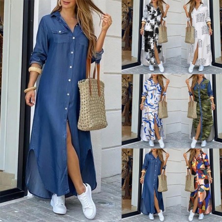 Long loose dress with buttons - denim / modern printDresses