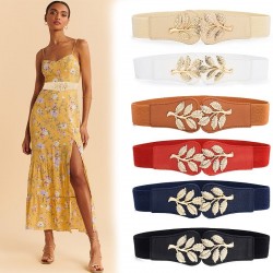 Fashionable elastic wide belt - leafs emblem buckleBelts