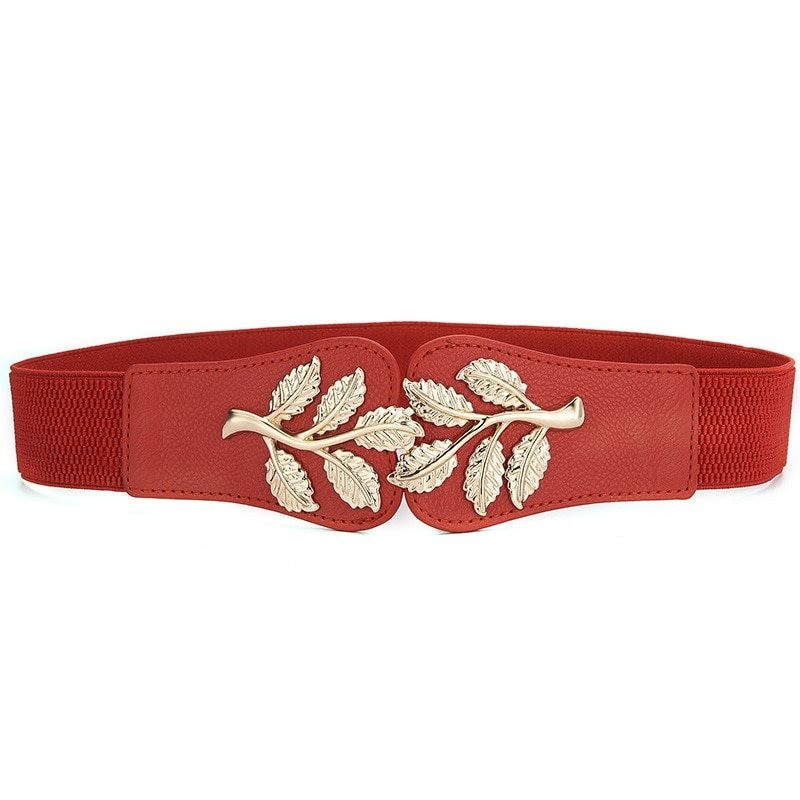 Fashionable elastic wide belt - leafs emblem buckleBelts