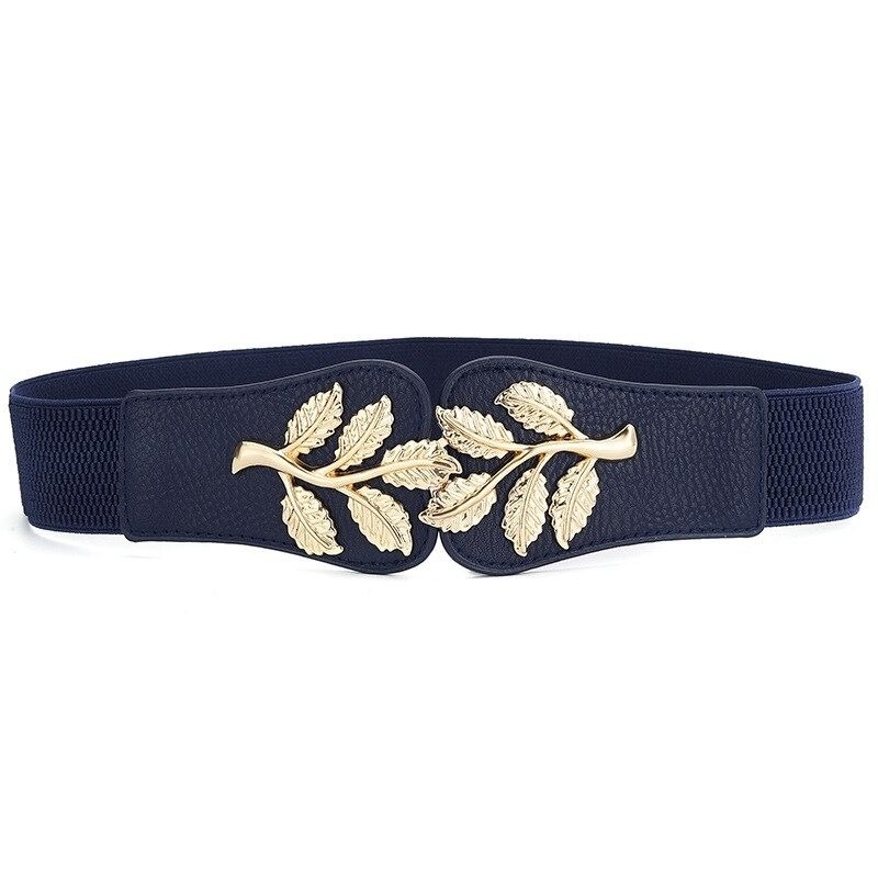 Fashionable elastic wide belt - leafs emblem buckleBelts