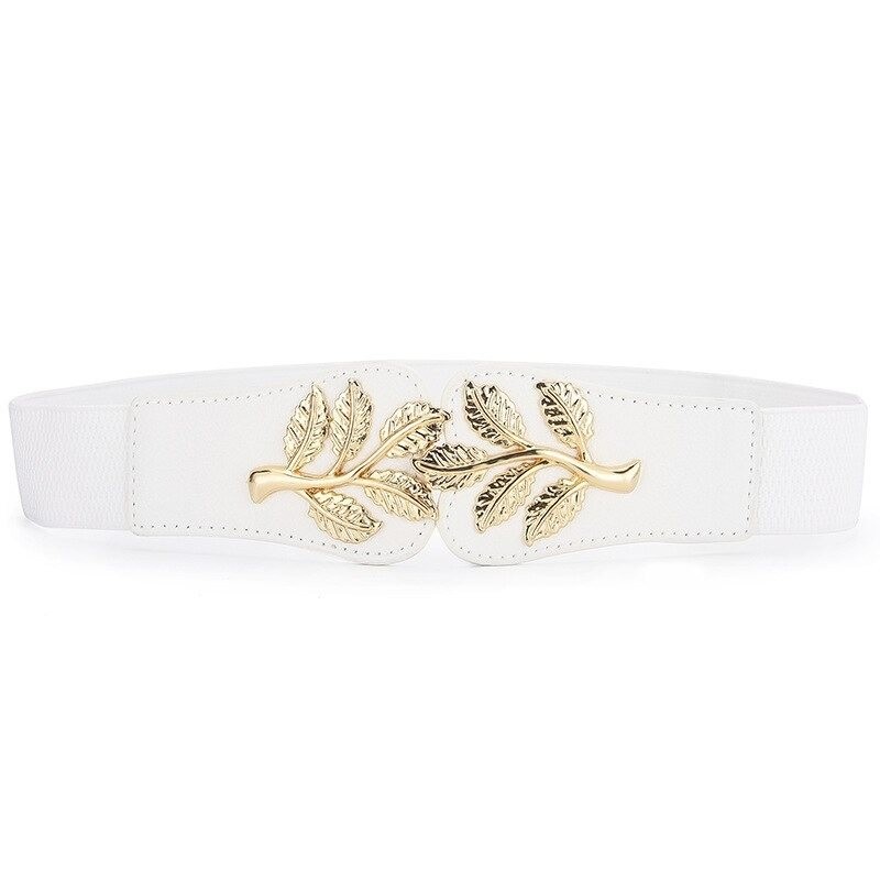 Fashionable elastic wide belt - leafs emblem buckleBelts