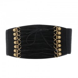 Retro belt - wide buckle and strings - elastic leather corsetBelts