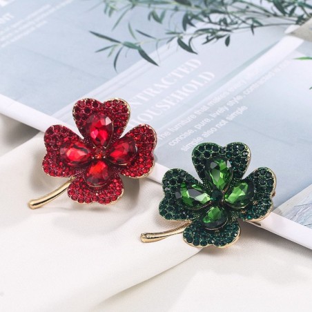 Green / red four leaf clover - crystal broochBrooches