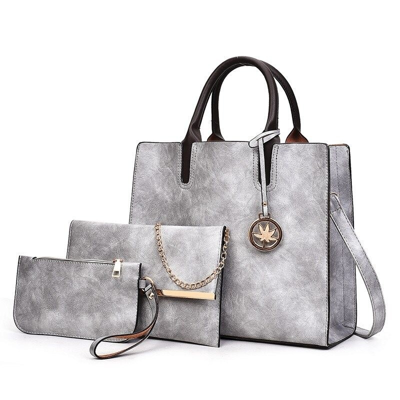 Fashionable leather handbag - crossbody - small clutch bag - hemp logo - 3 pieces setSets