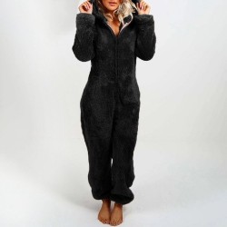 Plush romper with hoodie and zipper - winter pyjamaWomen's fashion