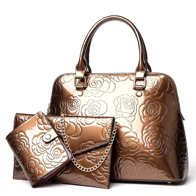 Leather handbag - crossbody - small purse - flowers print - 3 pieces setSets