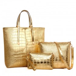 Leather bag - crossbody - small clutch - crocodile skin design - 3 pieces setSets
