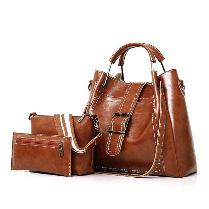 Elegant leather handbag - crossbody - small clutch bag - 3 pieces setSets