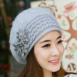Knitted beret - a warm fur hat with decorative flowersHats & Caps