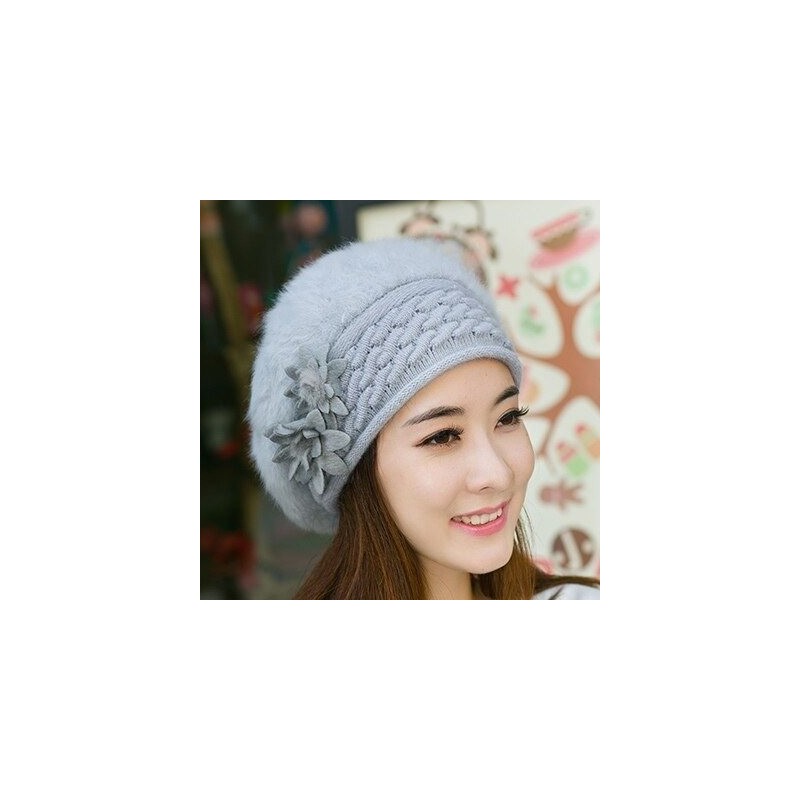 Knitted beret - a warm fur hat with decorative flowersHats & Caps