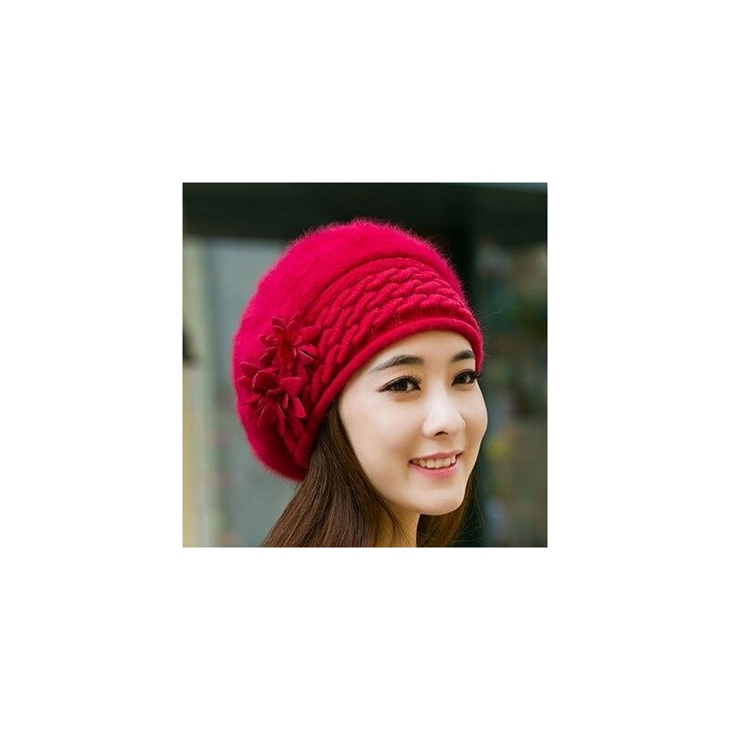Knitted beret - a warm fur hat with decorative flowersHats & Caps