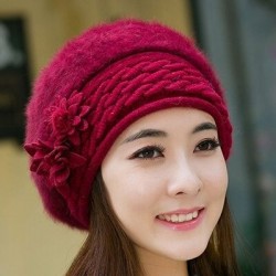 Knitted beret - a warm fur hat with decorative flowersHats & Caps