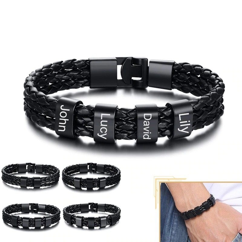 Braided leather bracelet - stainless steel charms - custom made namesBracelets Braided leather bracelet - stainless steel charms - custom made namesBracelets