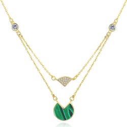 Gold necklace with malachite & zircons - double chain - 925 sterling silverNecklaces