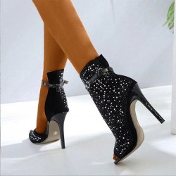 Black glitter ankle high heels - with an ankle strap - half open designHigh heels