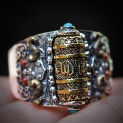 Buddhist mantra - ring - with colourful beads - resizable - 925 sterling silverRings