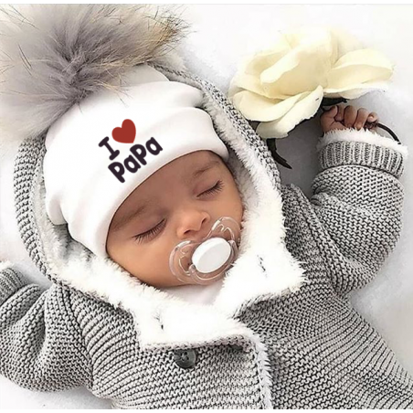 I Love Mama & Papa - warm cotton hat with pom pom - for newborns / kidsHats & caps