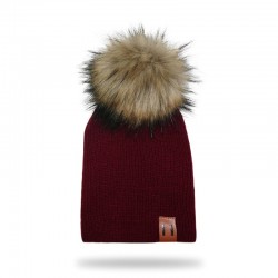 Knitted beanie with pom pom / leather label - unisex - for kids / adultsHats & caps