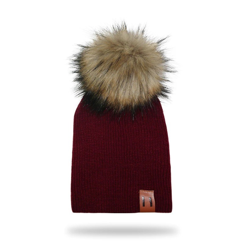 Knitted beanie with pom pom / leather label - unisex - for kids / adultsHats & caps