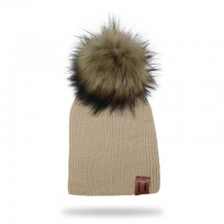 Knitted beanie with pom pom / leather label - unisex - for kids / adultsHats & caps