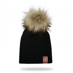 Knitted beanie with pom pom / leather label - unisex - for kids / adultsHats & caps