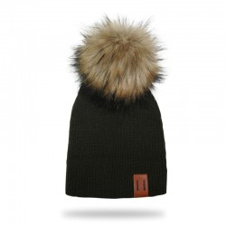 Knitted beanie with pom pom / leather label - unisex - for kids / adultsHats & caps