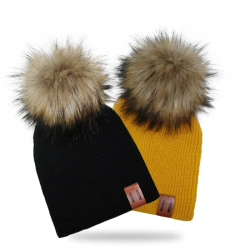Knitted beanie with pom pom / leather label - unisex - for kids / adultsHats & caps
