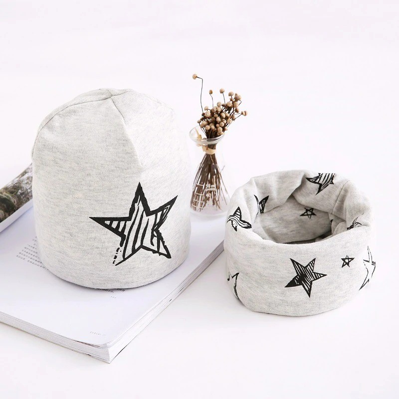 Cotton hat & scarf - set for girls / boys - stars / snowflakes / swansHats & caps