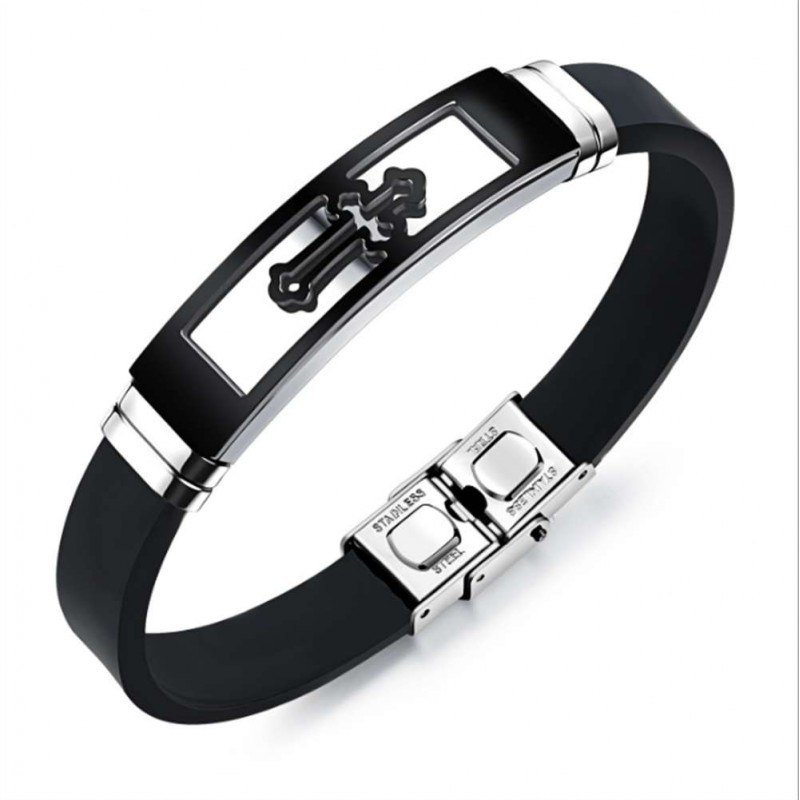 Silicone bracelet with hollowed cross - stainless steel - electroplated - adjustableBracelets