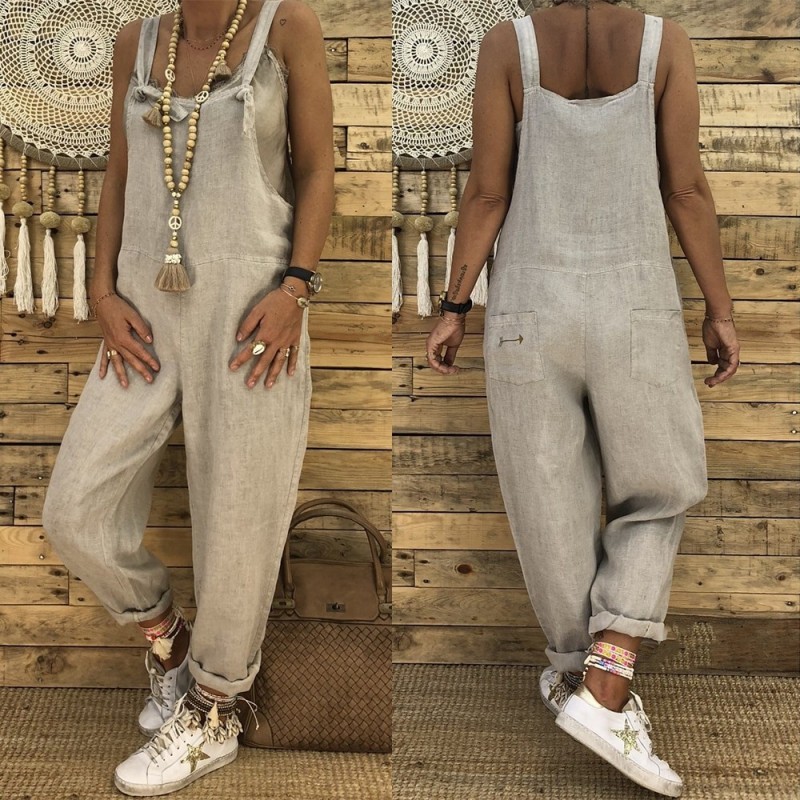 Vintage linen jumpsuit - lace up straps - loose - wide legJumpsuits